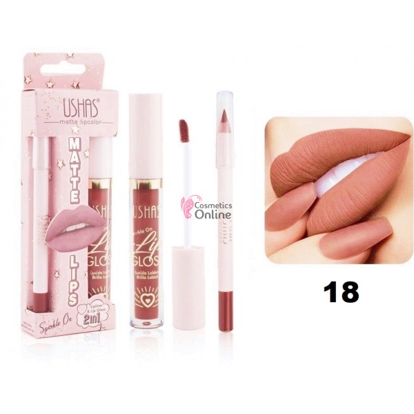 Gloss pentru buze USHAS Sparkle On 2 in 1 Gloss Matt cu 1 Creion pentru contur - SO18 China Rose